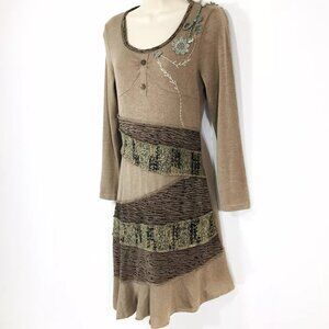 Sacred Threads Knit Dress Sz S Multi Texture Appliqués Long Sleeve Ruffle Boho